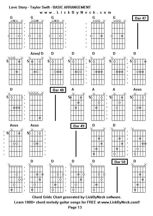 Chord Grids Chart of chord melody fingerstyle guitar song-Love Story - Taylor Swift - BASIC ARRANGEMENT,generated by LickByNeck software.